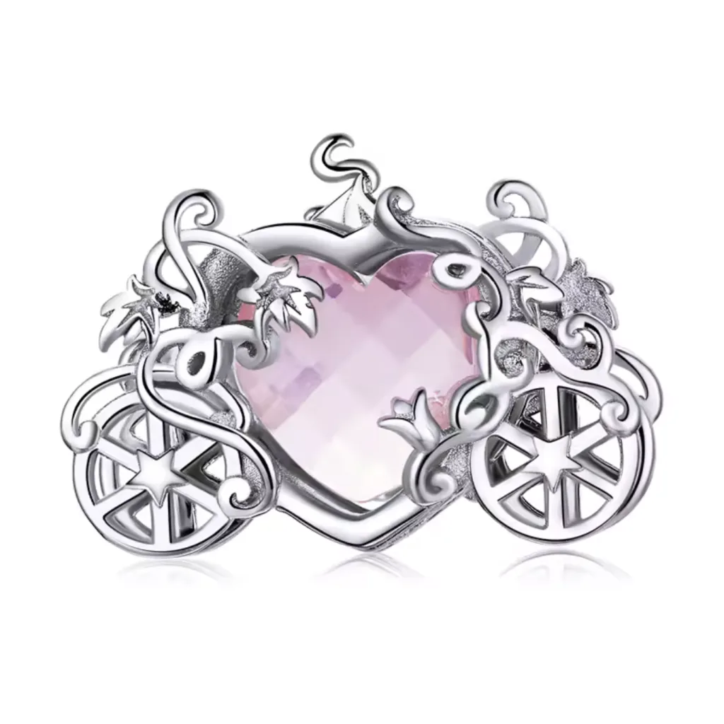 چارم نقره کالسکه سیندرلا با نگین قلبی صورتی | درخشش رویایی